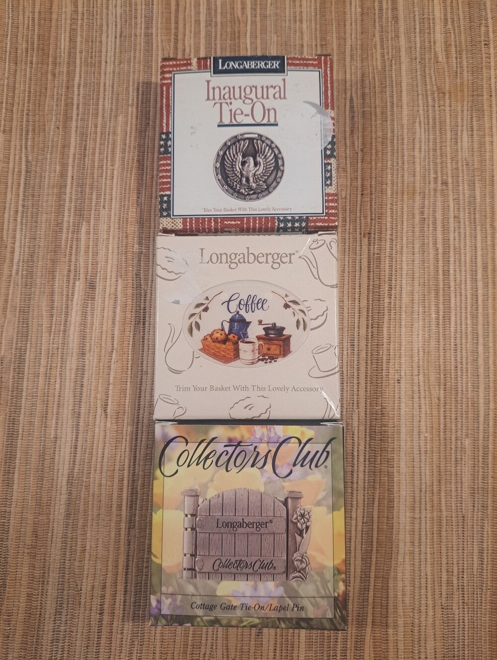 3 Vtg Longaberger Basket Tie-on and Pin Boxes NIB